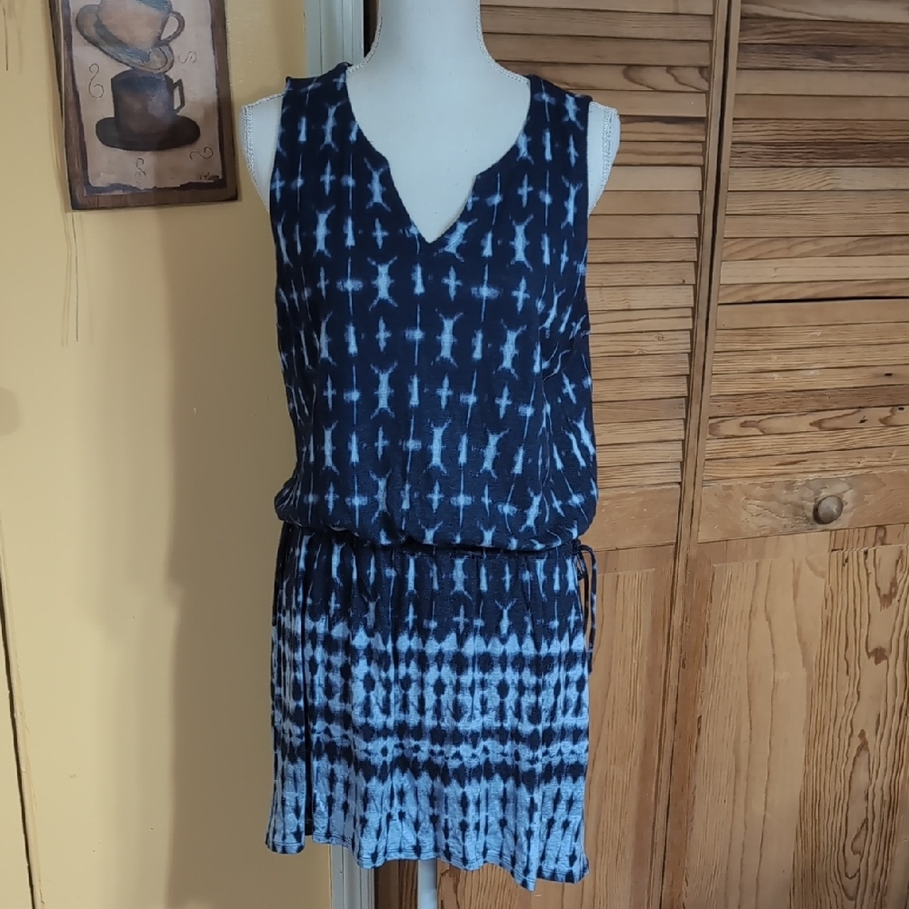 Pure Jill Linen Blend Tunic Dress Size M Indigo Blue Tie Dye Side Drawstring